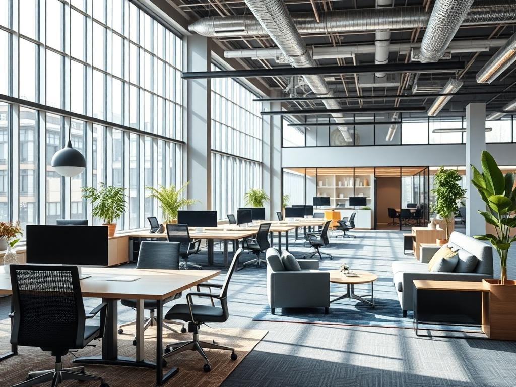 A modern commercial interior showcasing an open workspace with contemporary