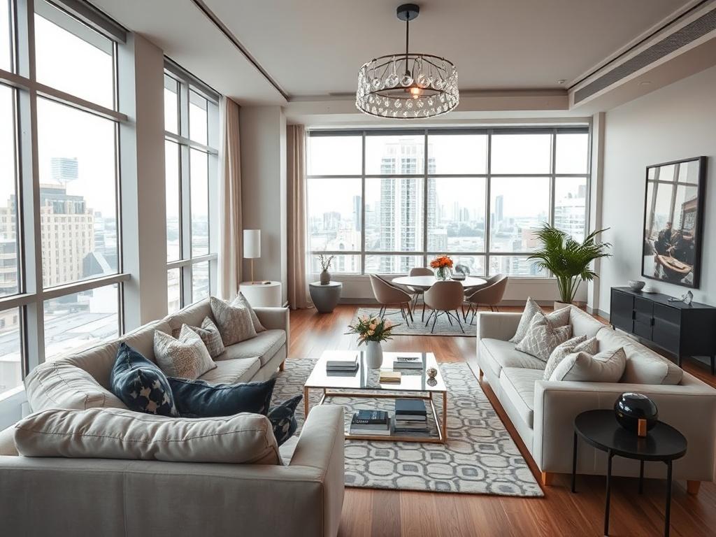 A beautifully renovated urban apartment interior, featuring modern furnishings and