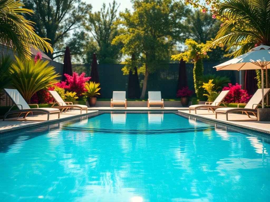 A picturesque outdoor space featuring a luxurious swimming pool surrounded