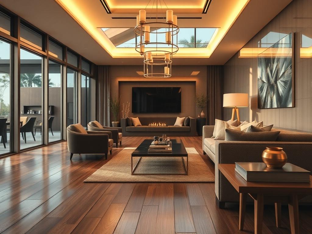 A stunning close-up shot of a beautifully crafted modern interior space featuring elegant design elements. The image showcases intricate details like polished wooden floors, sleek furniture, and ambient lighting that creates a warm and inviting atmosphere. The background subtly hints at a luxurious outdoor area visible through large glass windows, enhancing the overall sense of sophistication. The color palette includes warm tones, primarily featuring shades of brown and gold, to align with the brand's colo