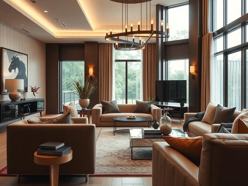 A hyper-realistic close-up shot of a luxurious interior fit-out showcasing elegant furniture, sophisticated lighting, and stylish decor. The composition features a beautifully designed living space with a modern aesthetic, incorporating warm tones and textures. The background includes large windows allowing natural light to flood the room, enhancing the ambiance. The focus is on the intricate details of the furnishings and design elements, captured in high-resolution to highlight the quality of craftsmanshi