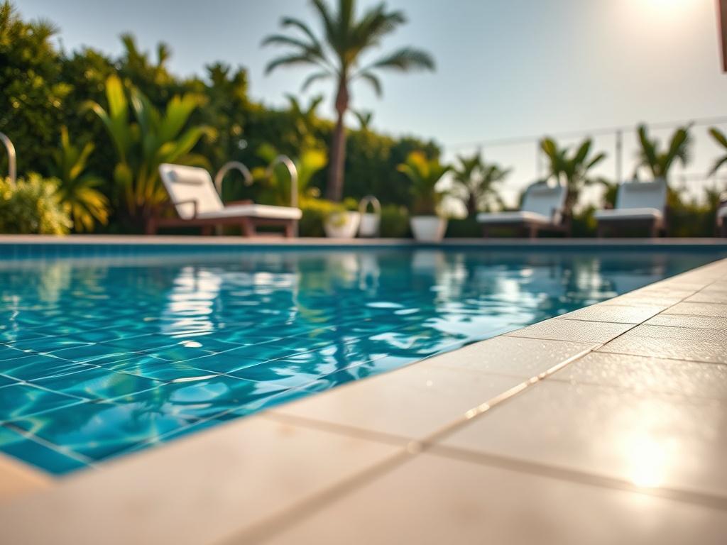 A hyper-realistic close-up shot of an elegantly designed swimming pool surrounded by lush landscaping. The pool features a shimmering surface reflecting the sunlight, with stylish tiles and modern amenities. The background includes vibrant greenery and comfortable lounge chairs, creating an inviting outdoor oasis. The composition emphasizes the pool's design elements and the luxurious atmosphere, showcasing the quality of construction and attention to detail that Royal Track Building & Contracting L.L.C del
