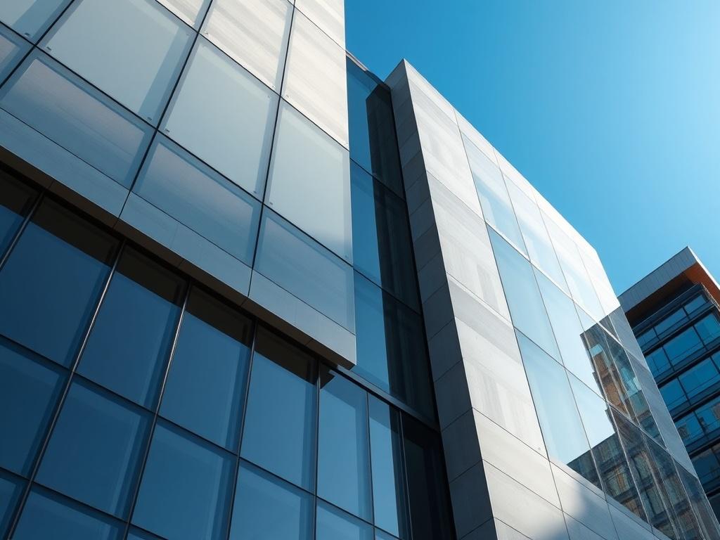 A hyper-realistic close-up shot of a stunning architectural exterior of a contemporary building. The image features sleek lines, large glass panels, and a unique facade design that reflects modern architecture. The background showcases a clear blue sky, emphasizing the building's grandeur. The lighting highlights the textures and materials used in the construction, creating a striking visual impact. This image captures the essence of innovative design, focusing on the details that set the structure apart.