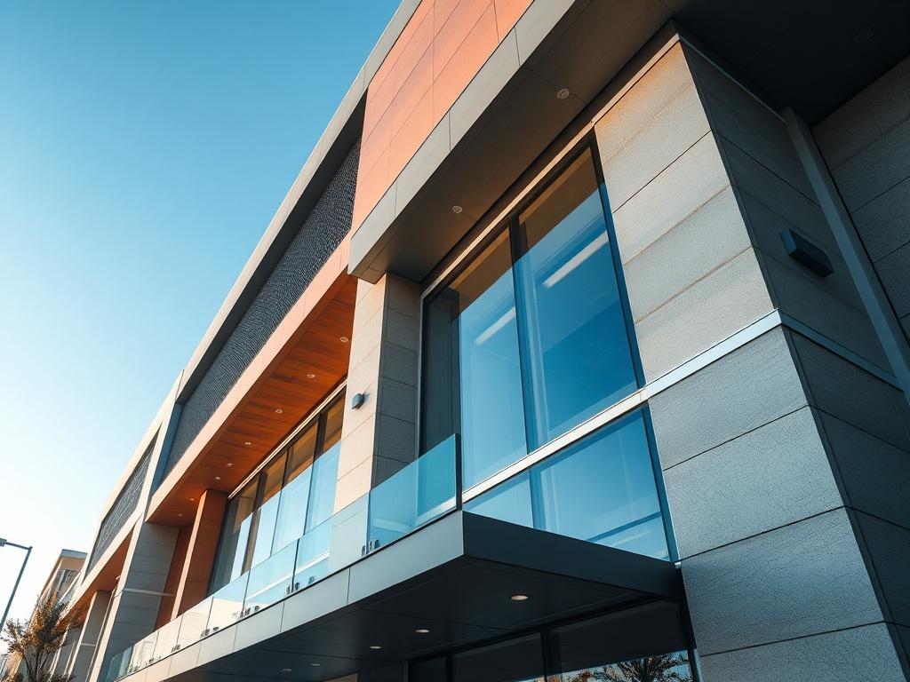 A hyper-realistic close-up shot of a contemporary building exterior showcasing innovative architectural features, modern materials, and striking design elements. The image should capture the interplay of light and shadow, highlighting textures and details while presenting an inviting facade against a clear blue sky.
