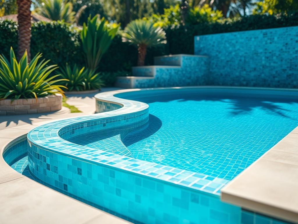 A stunning close-up shot of a beautifully designed swimming pool featuring crystal-clear water, elegant tiles, and surrounding landscaping. The focus should be on the pool's unique shape and features, set against a backdrop of lush greenery and bright sunlight, showcasing a tranquil outdoor oasis.