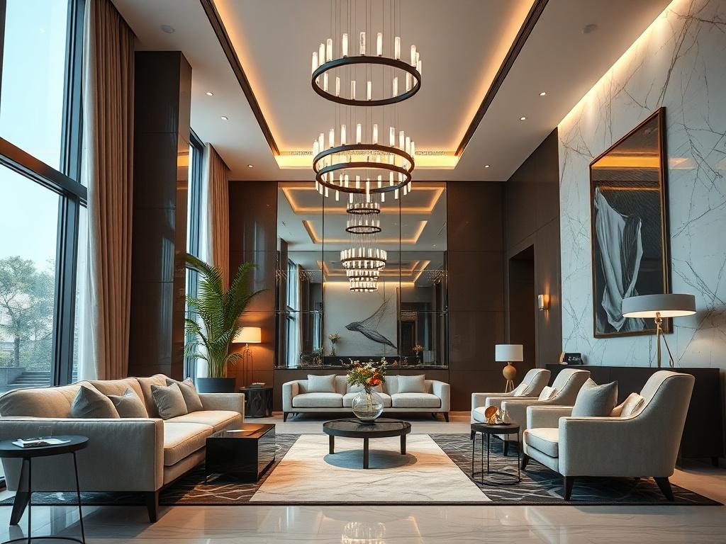 A close-up shot of a luxurious interior space featuring modern design elements, high-quality materials, and elegant finishes, captured with a 45mm f/1.2 lens. The focus should be on intricate details like lighting fixtures, wall textures, and furniture arrangement, set in a well-lit environment that highlights the sophistication of the design.