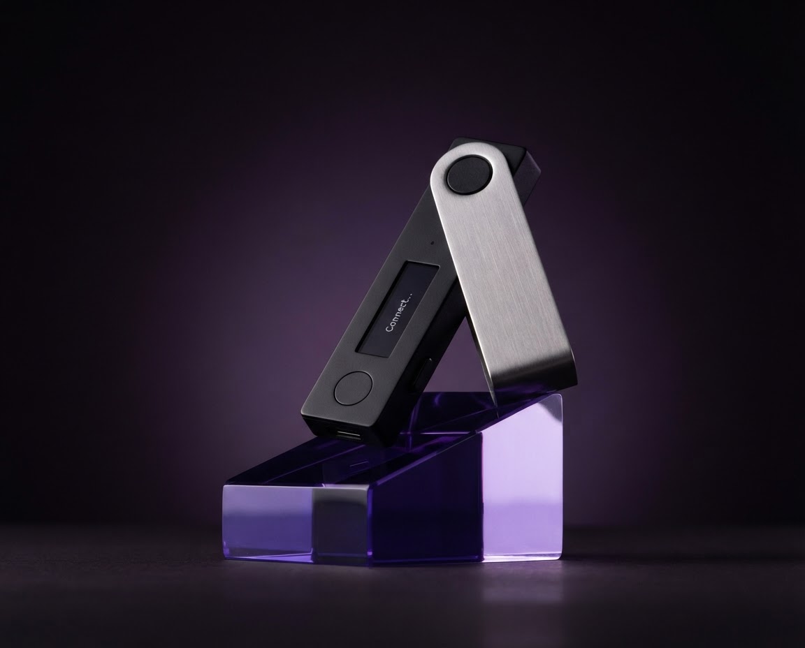 A black Ledger hardware wallet on a sculptural violet pedestal