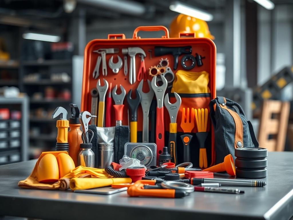 A neatly arranged industrial supply kit featuring tools, safety gear,