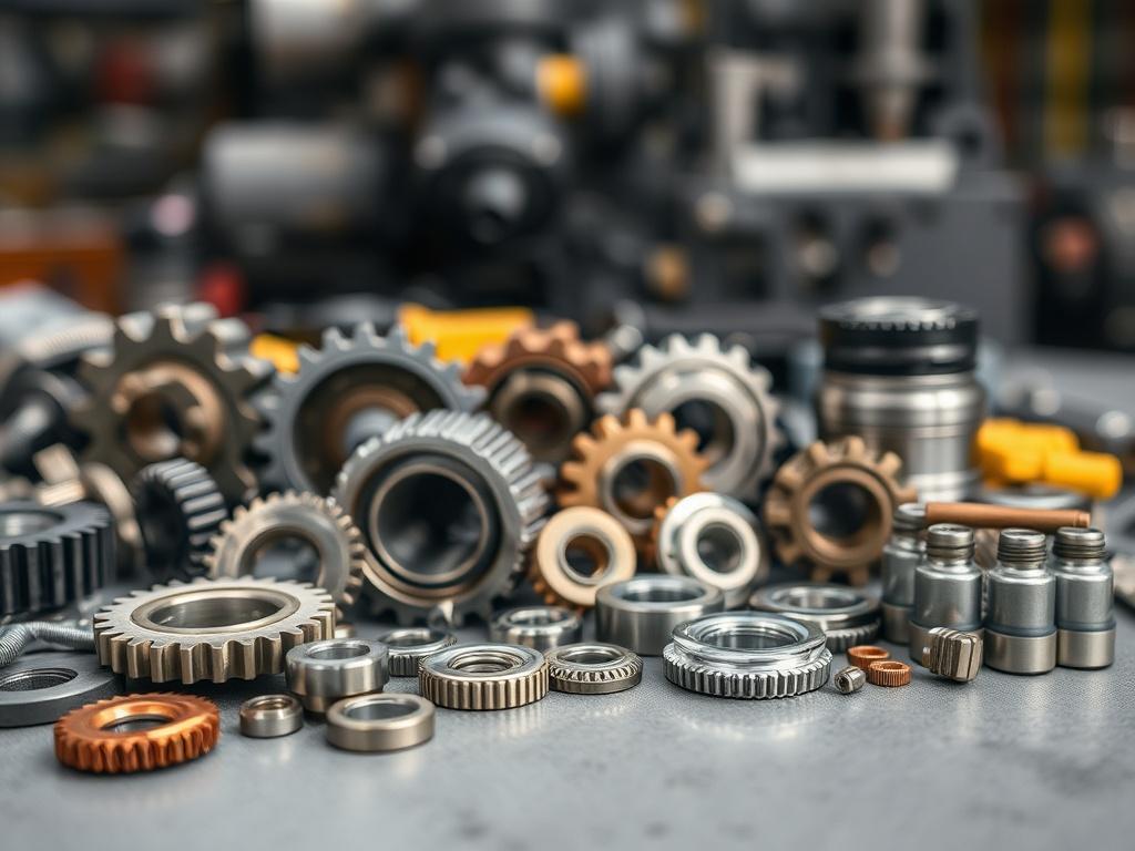 Close up shot of various manufacturing components, such as gears,