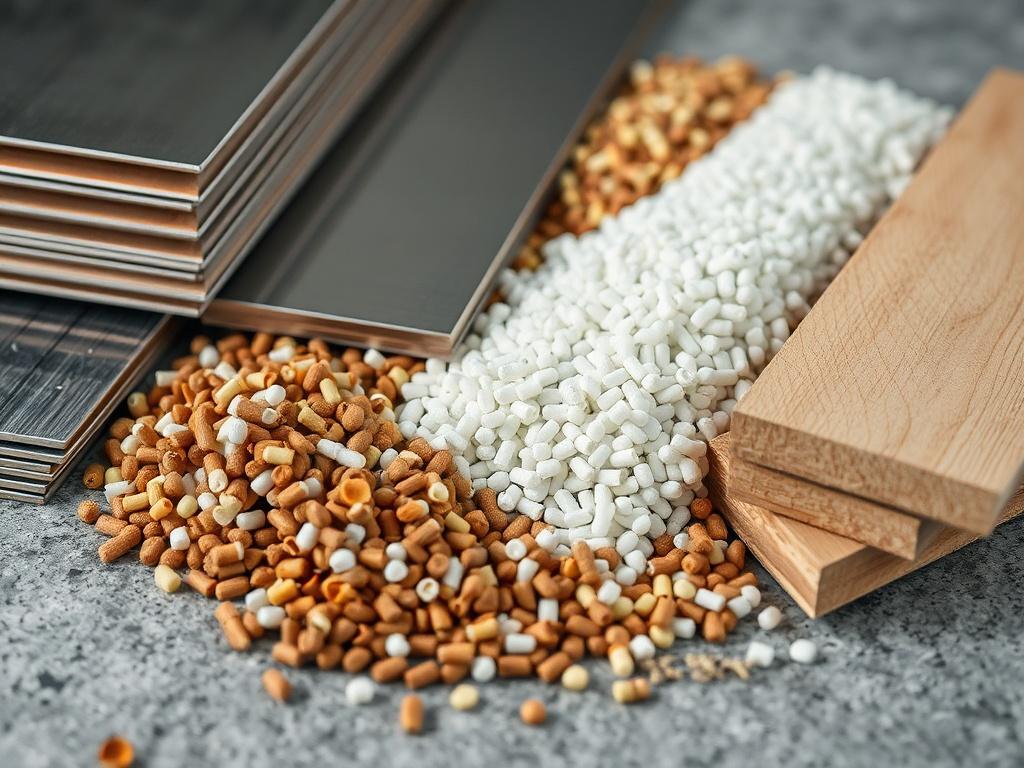 An assortment of raw materials, including metal sheets, plastic pellets,