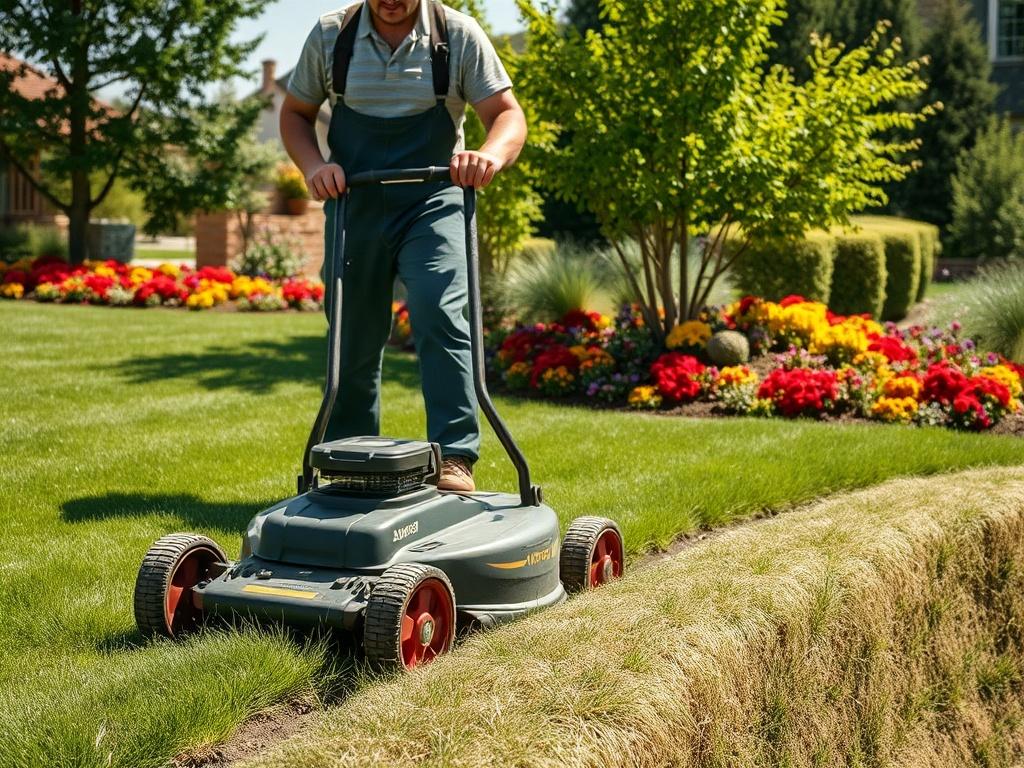 A skilled landscaper in action, carefully mowing a lush green