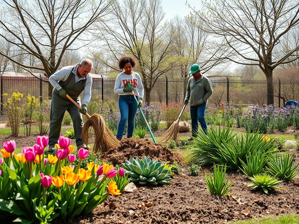 A team of landscapers engaged in a spring cleanup, removing