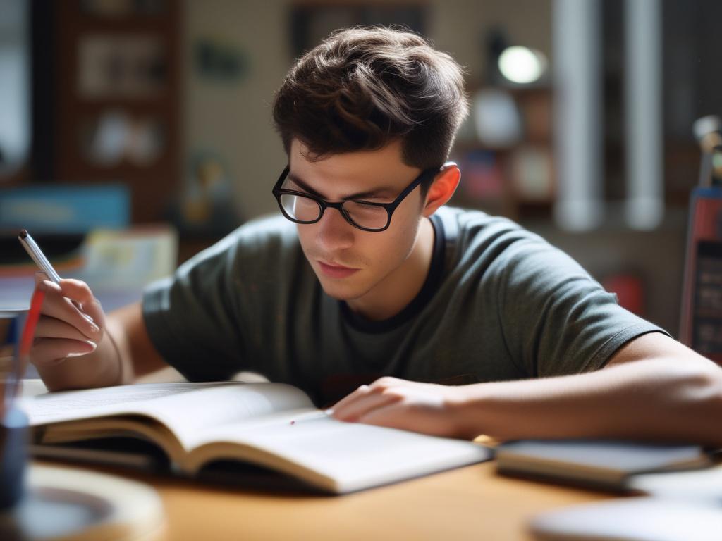 A close up shot of a focused student studying at