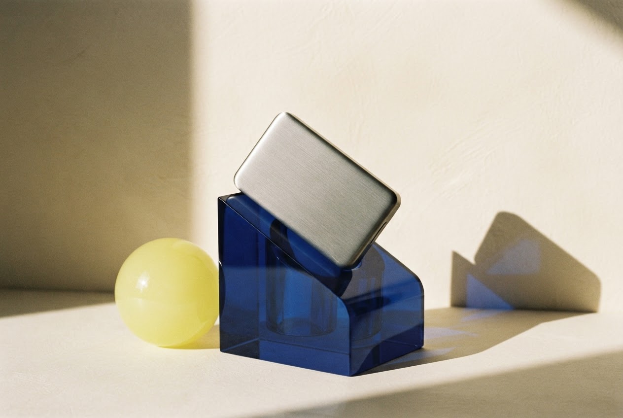 Unbranded metal security wallet arranged on a cobalt pedestal in a sunlit studio