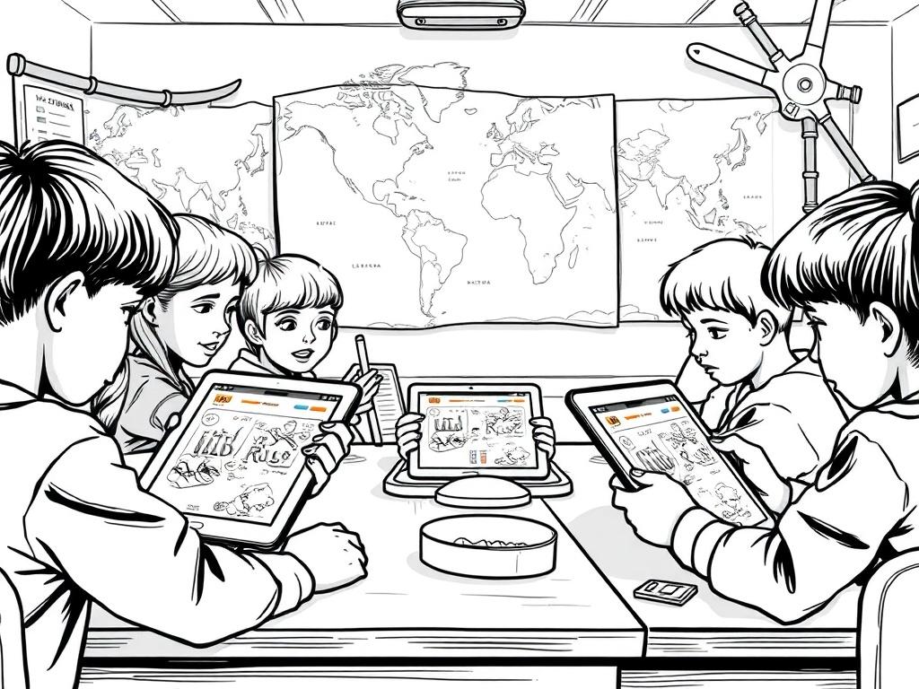 An illustration of students engaging with interactive learning modules on tablets, focused on gold rush topics. The background should depict a classroom setting with historical maps and gold panning tools, using solid black line drawing style.