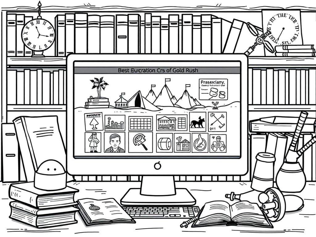 An illustration of a computer screen displaying a collection of educational resources about the gold rush, surrounded by books and historical artifacts. The design should reflect a learning environment, using solid black line drawing style.