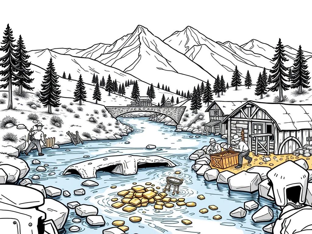 A detailed illustration of a gold rush game interface showcasing characters panning for gold in a river, surrounded by 1850s California scenery with mountains and trees. The design should be vibrant and engaging, focusing on the educational aspect of the game, using solid black line drawing style.