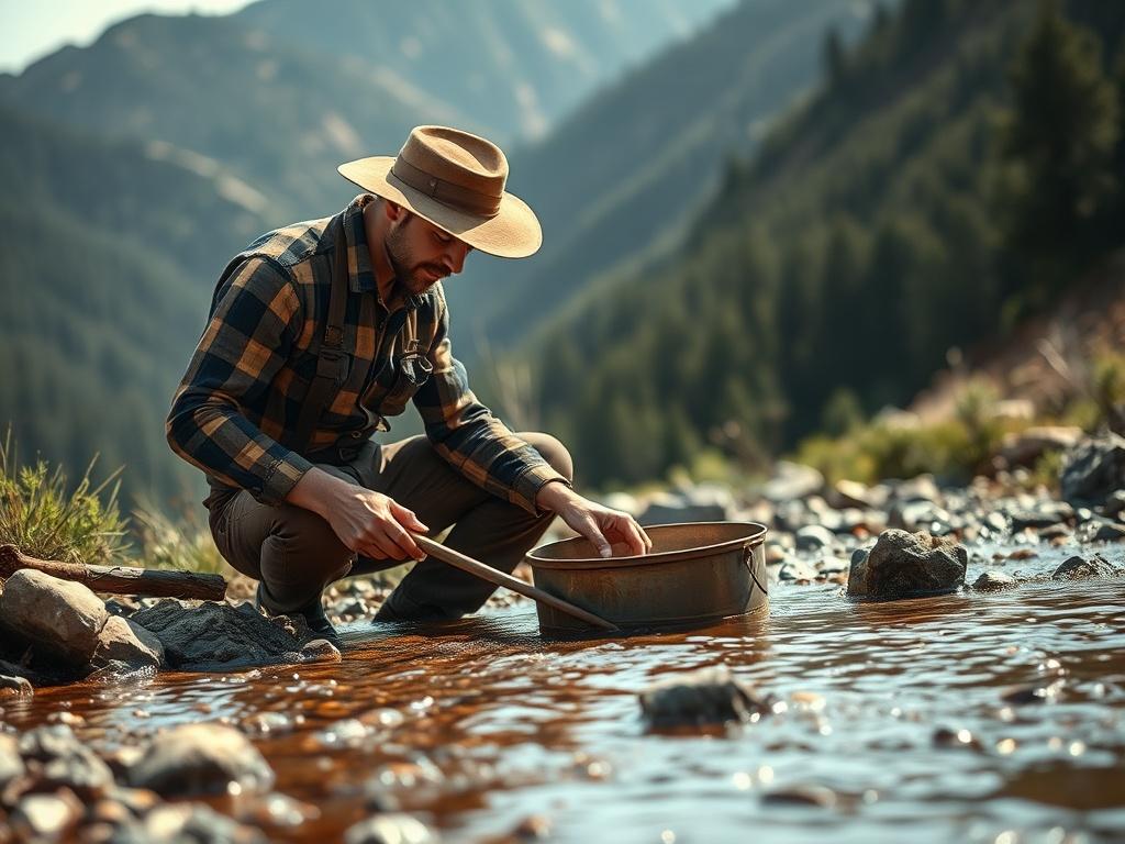 Create a realistic high-resolution photo that captures the essence of the Gold Rush Era in the 1850s. The image should feature a solitary gold miner as the central subject, dressed in period-appropriate attire, including a weathered hat, rugged trousers, and a plaid shirt. The miner should be shown in an outdoor setting, working intently at a small stream, panning for gold in a shallow, clear waterbed.

In the background, depict a lush, mountainous landscape with hints of a dense forest, reflecting the unta