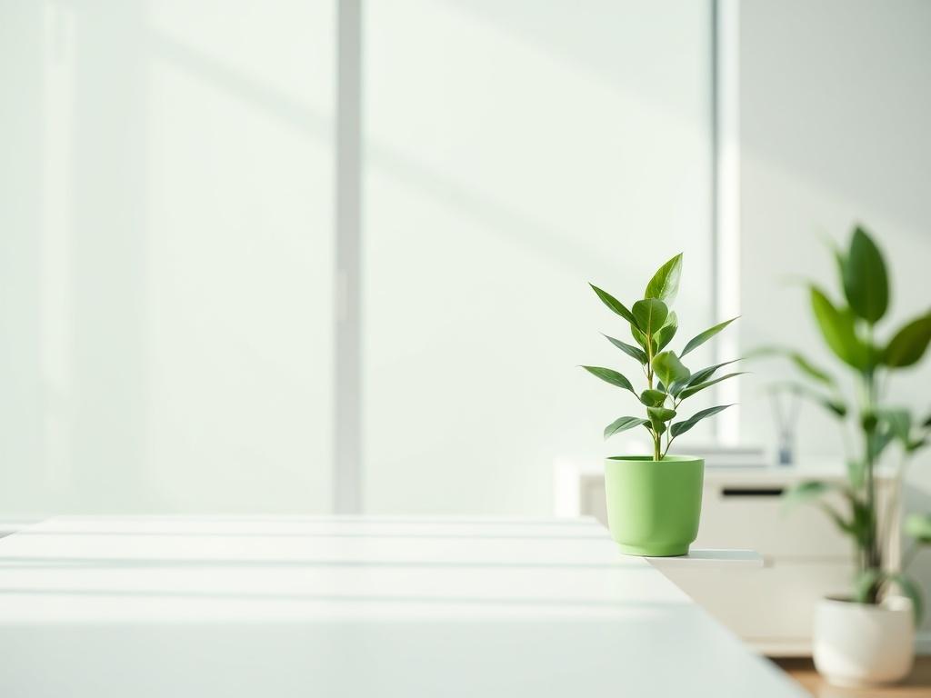 A modern and minimalistic workspace featuring a single bright green