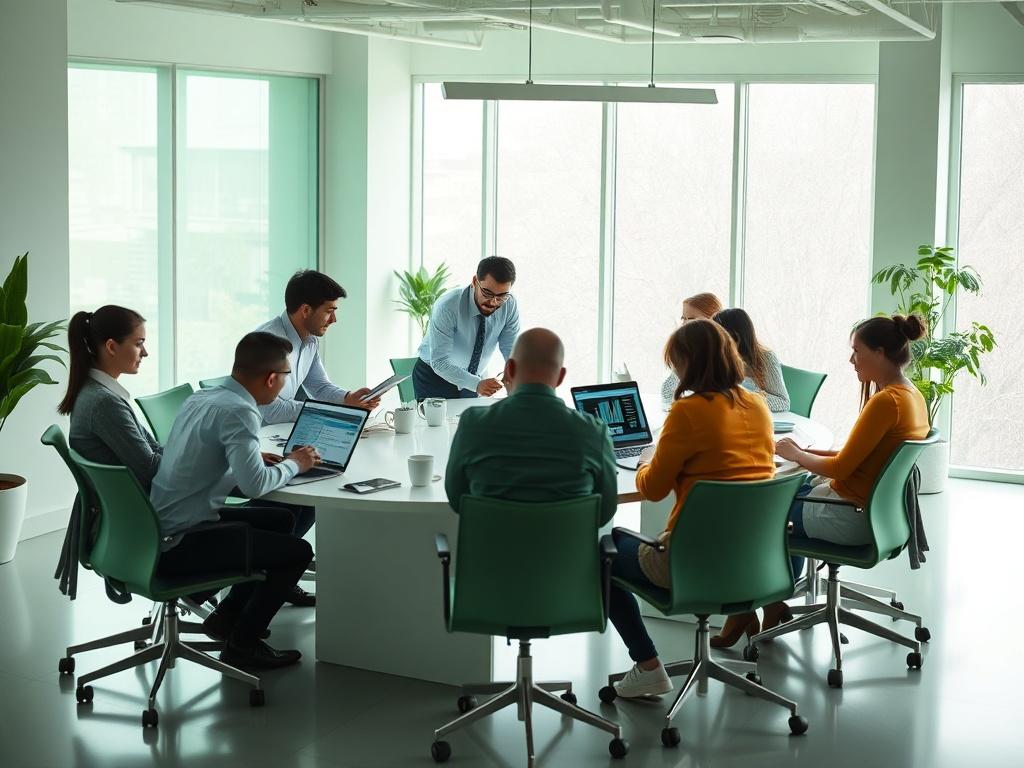 A modern office space featuring a professional consultant engaging with