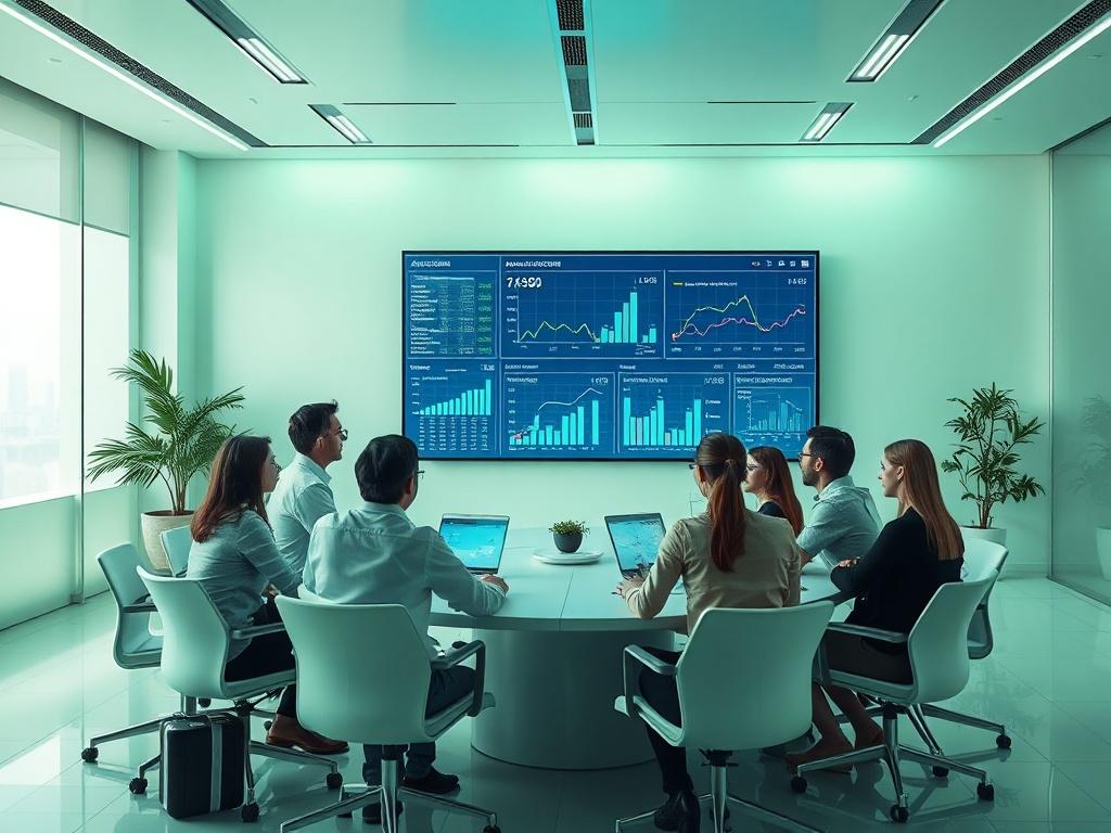 A futuristic meeting room with a large screen displaying data