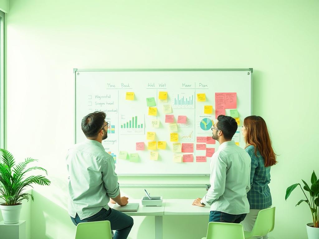 A team brainstorming around a whiteboard filled with colorful charts
