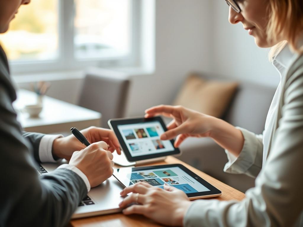 A professional setting with two people engaged in a discussion about mobile app ideas. One person is actively taking notes on a laptop while the other gestures towards a digital tablet displaying app designs. The background is softly blurred, emphasizing the focused conversation. Use natural lighting to create a warm atmosphere.