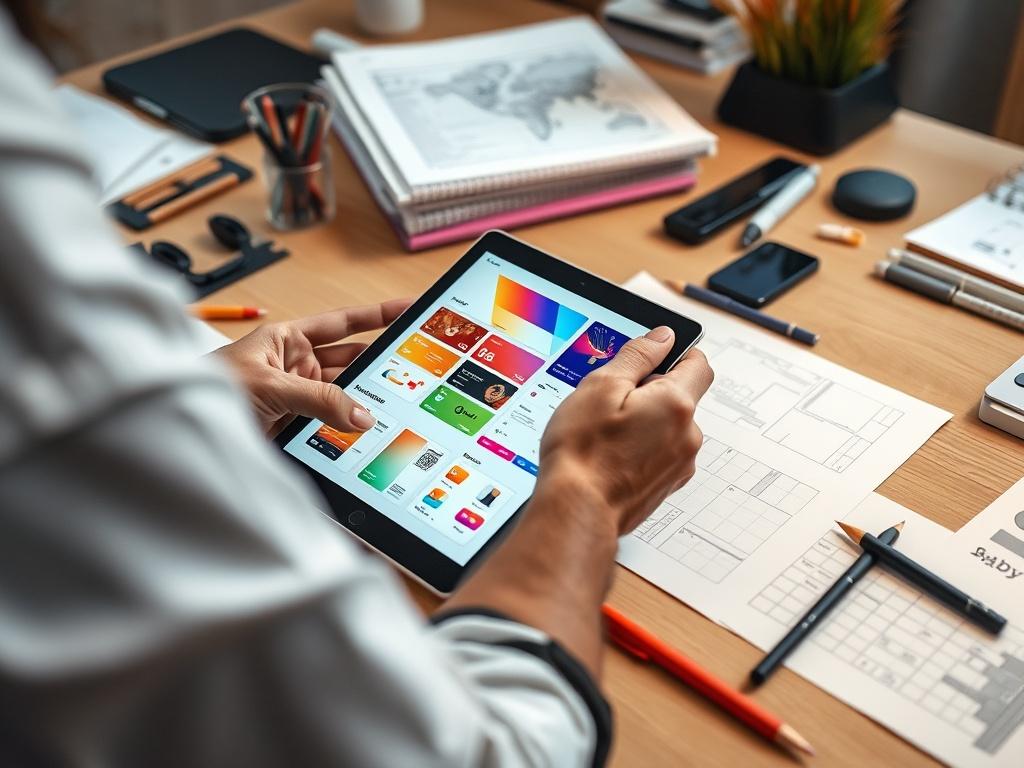 A designer at a desk working on a digital tablet, creating wireframes for a mobile app. The screen displays intricate designs with vibrant colors and user interface elements. The workspace is organized with design tools and sketches scattered around, showcasing a creative environment.