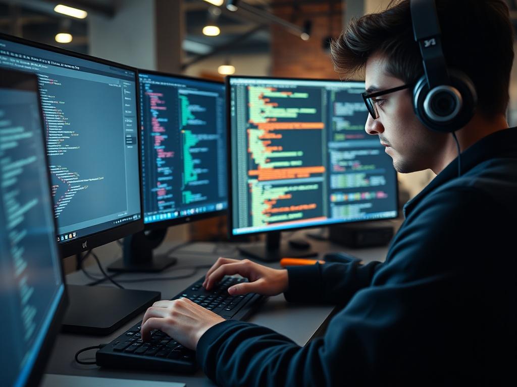 A developer coding on a computer, with multiple screens displaying code and app interface designs. The environment is modern and tech-savvy, with gadgets and software tools visible. The developer appears focused and engaged, showcasing the intensity of the development process.