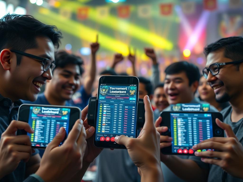 A hyper-realistic close-up shot of mobile devices displaying a vibrant tournament leaderboard, with diverse participants engaged in a lively competition atmosphere. The background should feature cheering fans, colorful banners, and dynamic lighting to emphasize excitement. The image should be shot with a 45mm f/1.2 lens style, focusing on the devices and the expressions of the participants.