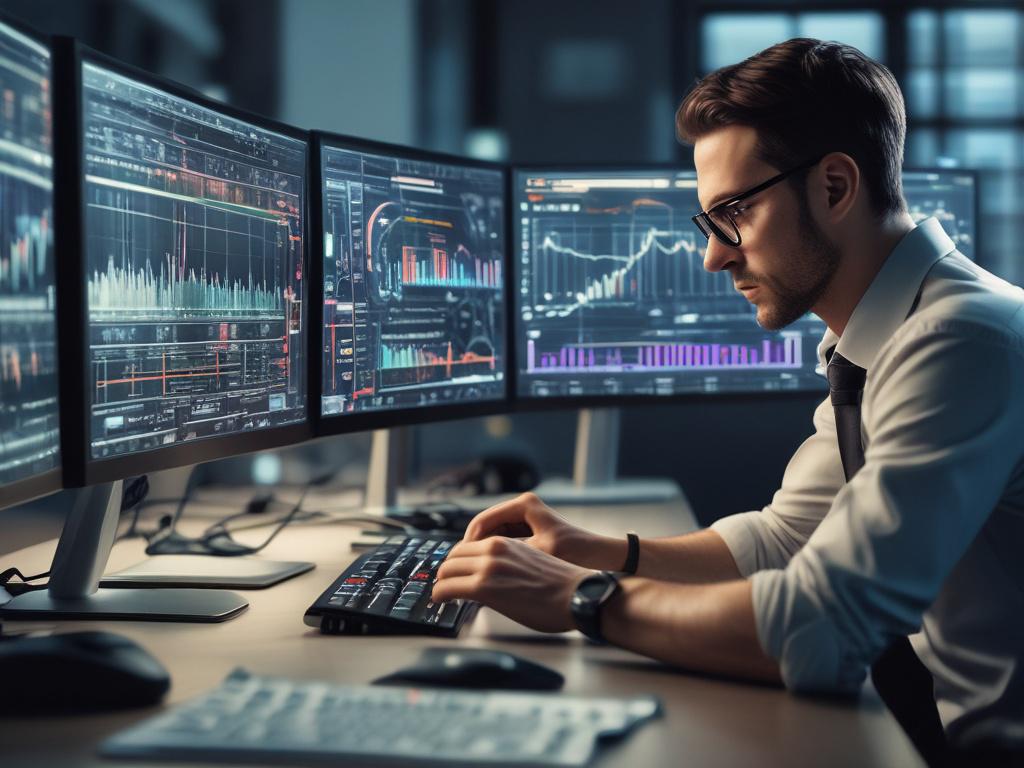 A close-up shot of a technician working on a computer, analyzing app performance metrics on screen. The background should depict a modern tech environment, with screens displaying data and analytics. The image should convey a sense of diligence and expertise, rendered in high-resolution with a focus on rgb(35, 99, 78) elements.