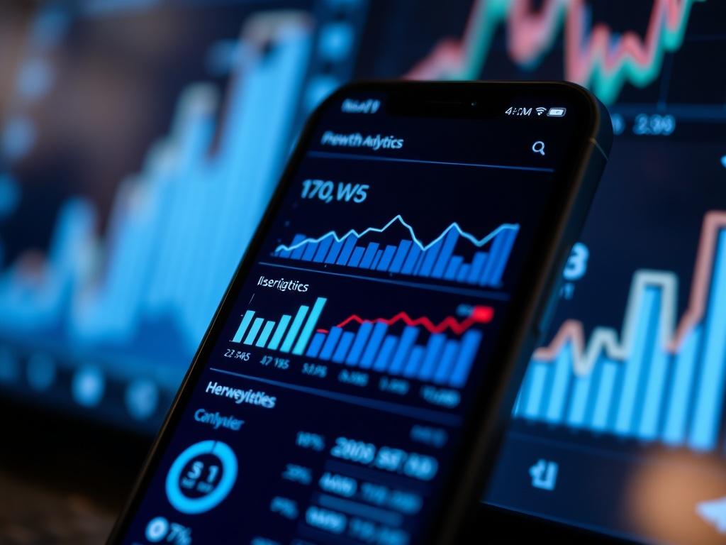 A close-up shot of a mobile app's analytics screen, displaying growth metrics and user engagement stats. The background should evoke a sense of progress, featuring modern tech elements like graphs or digital screens.