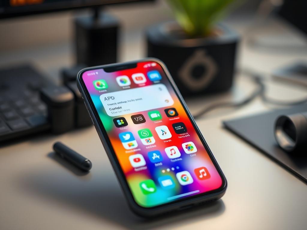 A close-up shot of a mobile phone displaying a unique app interface, showcasing vibrant colors and user-friendly design. The background should be softly blurred to emphasize the phone, with elements suggesting a modern workspace, like a sleek desk or tech gadgets.