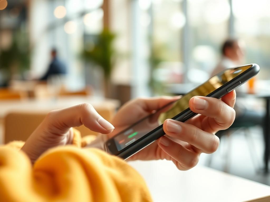 A hyper-realistic close-up of a user interacting with a mobile app, highlighting the responsive interface and engaging elements. The background should be softly blurred, suggesting a bright and inviting setting, like a café or a modern office.