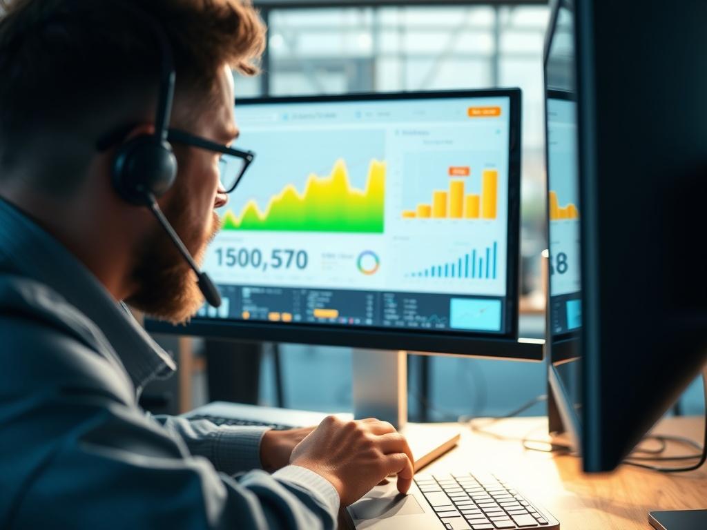 A close-up shot of a support technician analyzing app performance metrics on a desktop screen. The background features a modern office setup with charts and graphs displayed, indicating data analysis. The lighting is bright, emphasizing attention to detail and commitment to quality support.