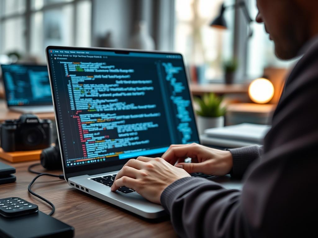 A close-up shot of a developer coding on a laptop, with mobile app development software open on the screen. The background shows a modern office with tech gadgets and coding books, emphasizing a tech-savvy environment. The lighting is focused on the laptop screen, highlighting the intricate lines of code, showcasing professionalism and expertise.