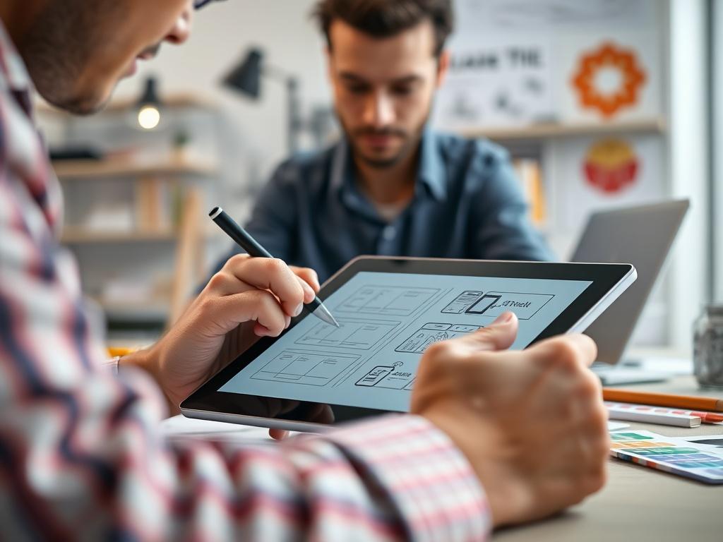 A close-up shot of a designer working on a tablet, sketching mobile app interfaces. The background features a clean and modern workspace with design tools and color palettes, focused on the drawing on the tablet. The lighting is bright and inviting, highlighting the designer's concentration and creativity. The scene conveys innovation and professionalism.