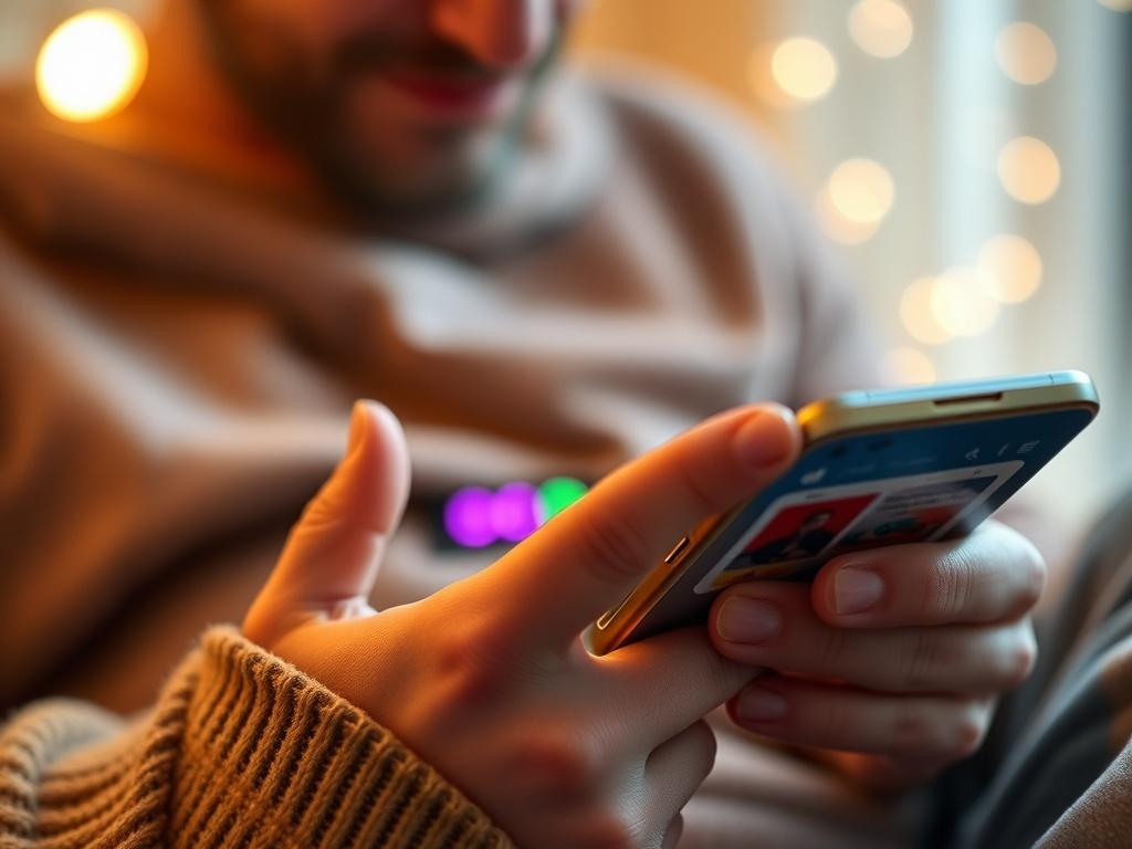 A close-up shot of a person interacting with a mobile app on a smartphone, showcasing an intuitive user interface with vibrant colors and clear navigation elements. The setting is cozy and inviting, with soft lighting to enhance the experience, focusing on the user's engagement with the app.