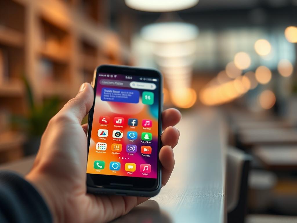 A close-up shot of a mobile phone displaying a custom mobile app interface, featuring vibrant, user-friendly design elements. The background is softly blurred to emphasize the phone, and the lighting is warm and inviting, creating a professional and engaging atmosphere.