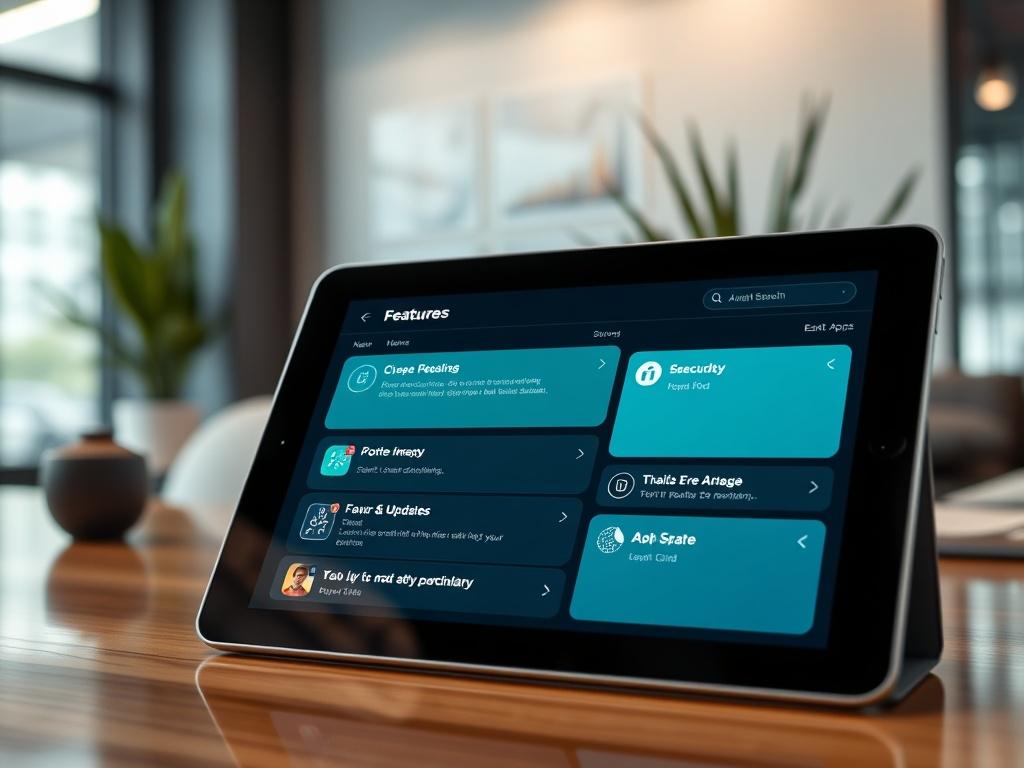 A close-up shot of a mobile app interface displayed on a tablet, showcasing various features and updates being implemented. The background reflects a modern office environment, symbolizing growth and adaptability, with elements that convey professionalism and forward-thinking.