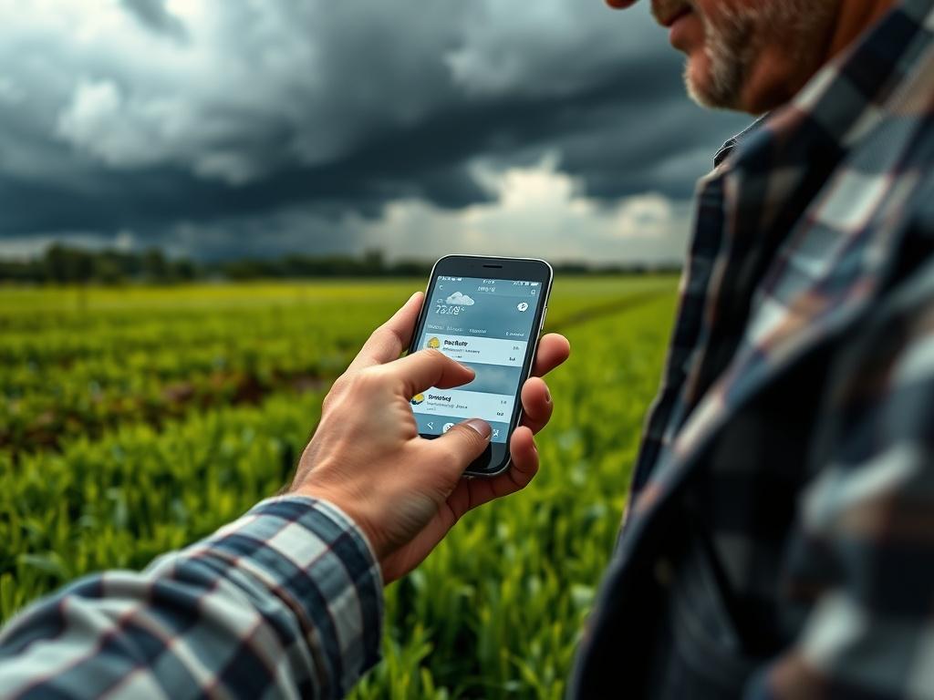 A close-up shot of a farmer checking a smartphone in a field, looking at weather notifications. The background features a lush green landscape with dark rain clouds gathering. The focus is on the farmer's hand holding the phone, displaying a weather alert. The composition should be simple and clear, highlighting the interaction between technology and agriculture.