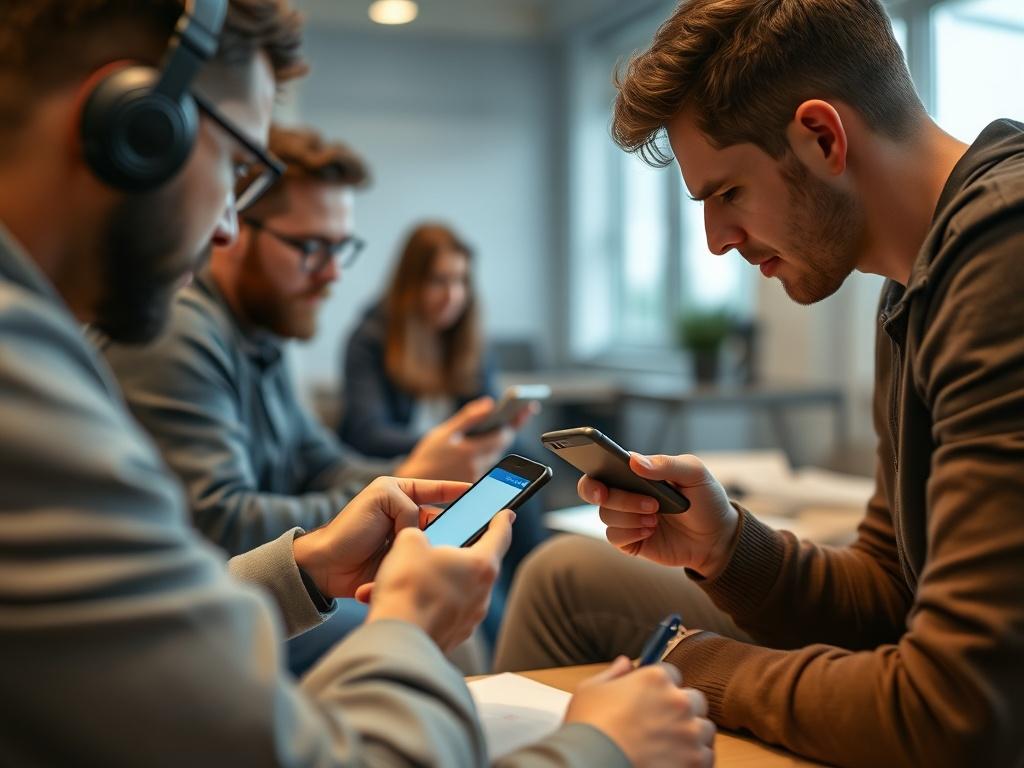 Create a high-resolution image of a user testing session in progress, featuring participants interacting with a mobile app on their phones. The environment should reflect a casual testing space with observers taking notes. The focus should be on the interaction between the users and the app, capturing genuine reactions.