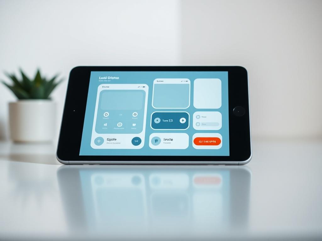 Create a realistic high-resolution photo of a mobile app design template displayed on a sleek tablet. The background should be minimalistic, showcasing the app interface clearly, with soft lighting that highlights the tablet's screen. Focus on the design elements such as buttons and layouts, ensuring they are visually appealing and user-friendly.