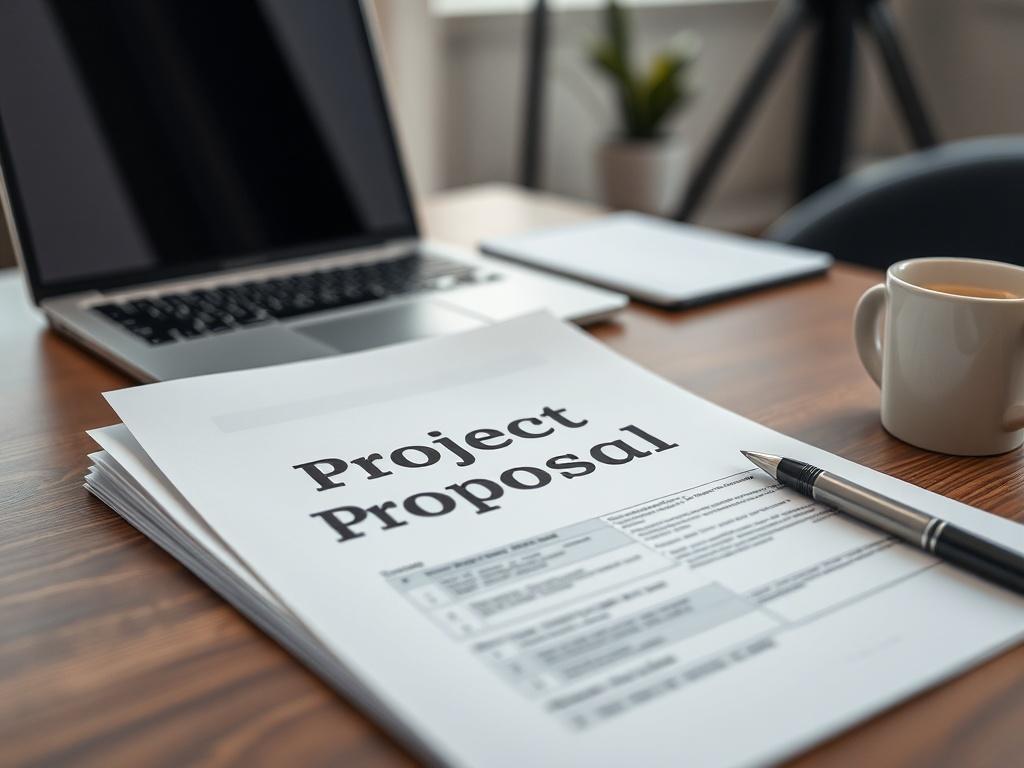 A focused shot of a project proposal document on a desk, with a laptop and a coffee cup beside it. The background shows a professional office environment, highlighting a sense of readiness and organization.