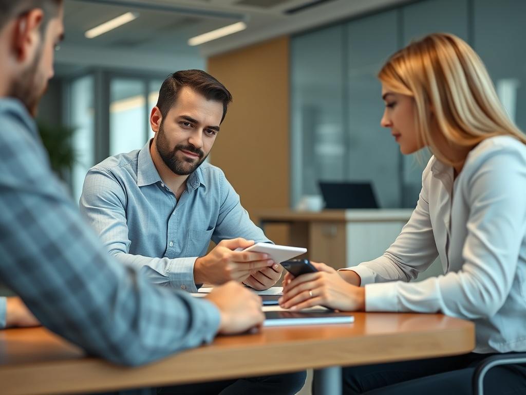 A close-up shot of a professional consultant discussing project details with a client in a modern office setting. The consultant is engaged, taking notes, and there are digital devices on the table. The background should have a clean and professional aesthetic, emphasizing collaboration and innovation.