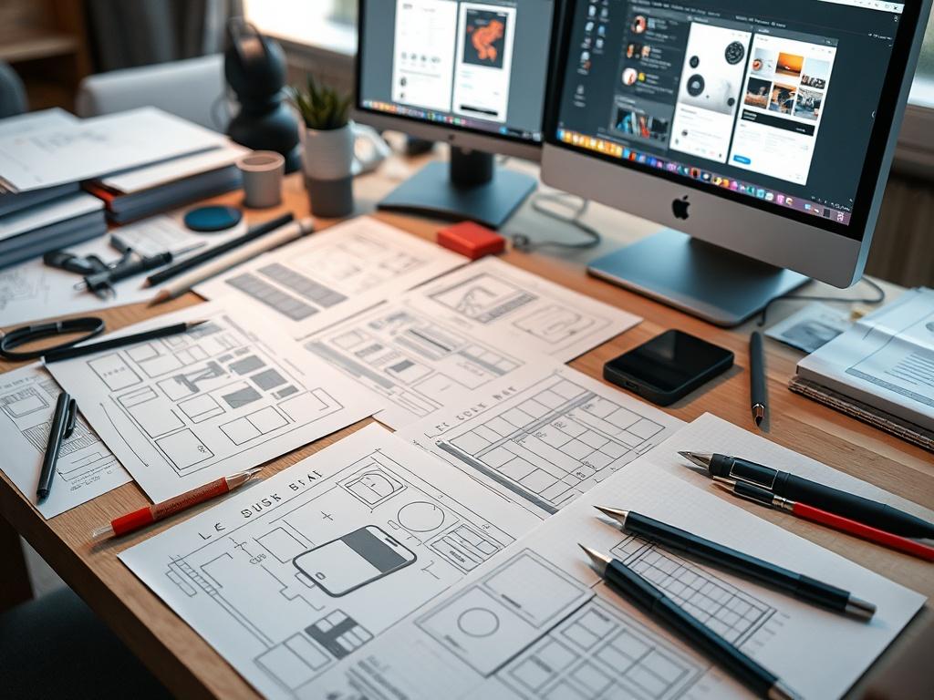 A close-up shot of design sketches and prototypes laid out on a table, accompanied by design tools and a computer screen showing an app design. The environment should reflect creativity and a design-centric atmosphere.