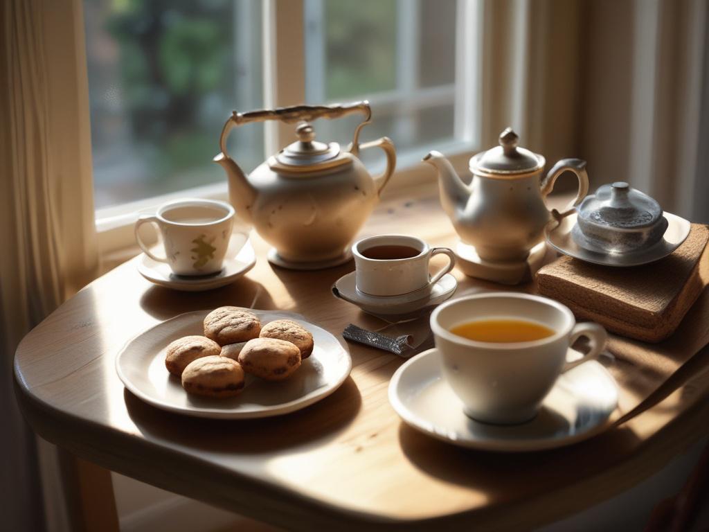 A rustic wooden table adorned with traditional British tea set,