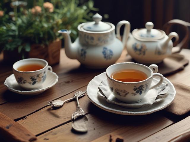 Create a realistic high-resolution photo that captures the essence of British culture through a local tradition. The composition should be simple and clear, featuring a single subject: a traditional British tea set arranged on a rustic wooden table. The tea set should include a delicate teapot, matching teacups, and an assortment of freshly baked scones, presented invitingly. 

In the background, incorporate soft, natural tones and earthy textures—such as a window with light streaming in, showcasing a lush 