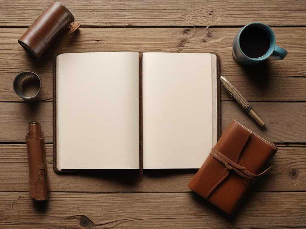 Create a realistic high-resolution photo that embodies the theme "The Benefits of Journaling for Mental Clarity." The composition should feature a single subject: a well-worn leather journal opened on a rustic wooden table. 

The foreground should prominently display the journal, with its pages slightly curled, revealing handwritten notes and doodles. A fountain pen rests beside it, hinting at the act of writing. The focus must capture the warm, earthy textures of the leather and wood, emphasizing a tactile