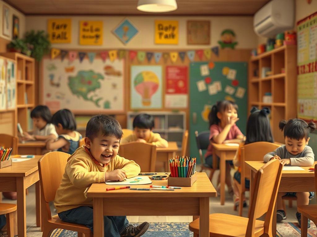 A cozy, serene classroom setting filled with school-aged children happily engaged in various activities such as painting, reading, and building with blocks. The atmosphere is warm and inviting, with soft golden lighting and colorful decorations on the walls. One child is focused on a painting project at a small table, surrounded by art supplies, while others are interacting nearby. The overall mood is joyful and energetic, reflecting a dynamic learning environment.